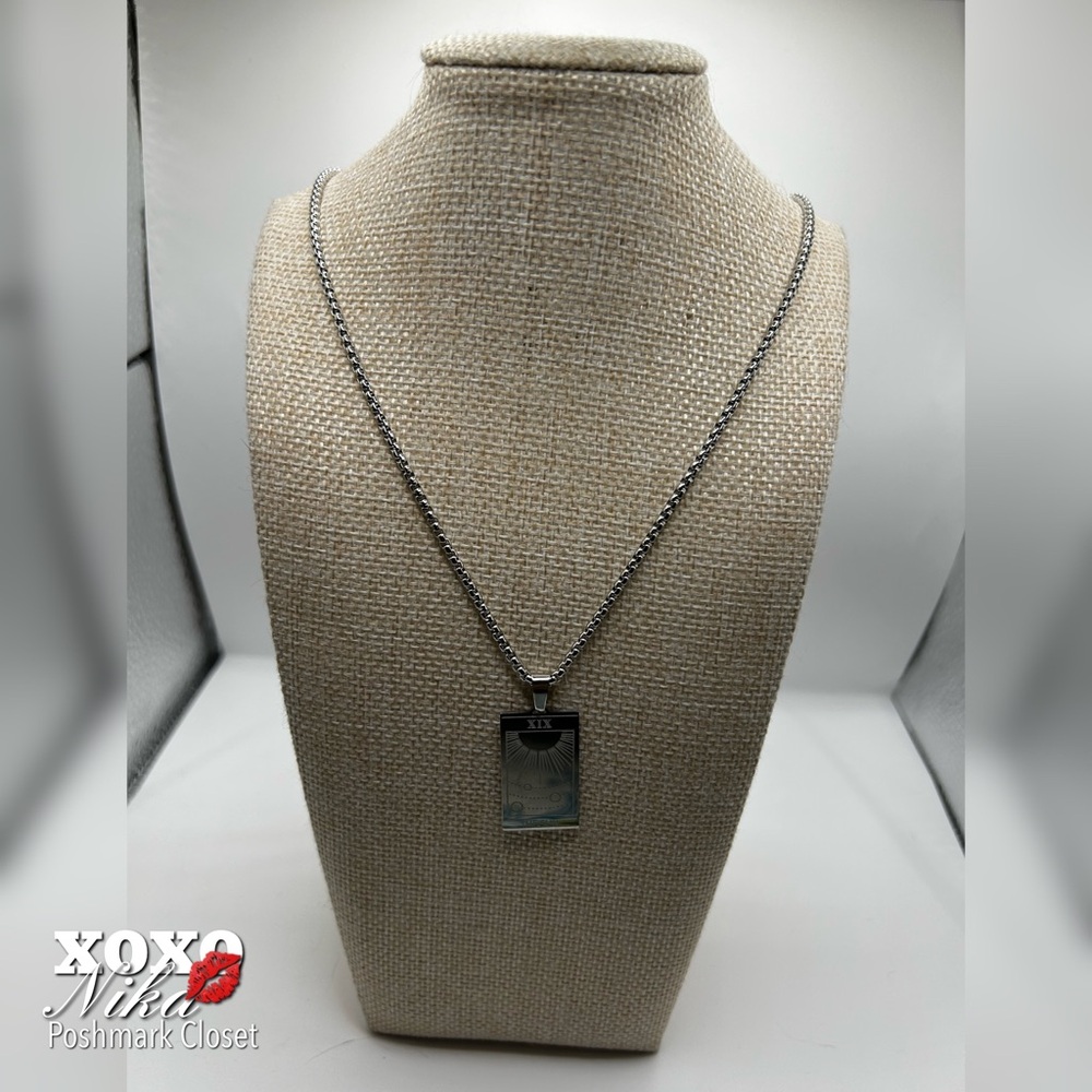 Stainless Steel Tarot Card Necklace - “SUN” Silver